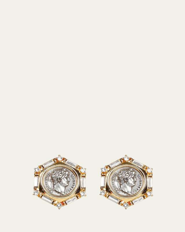 Roman Coin and Crystal Clip Earrings